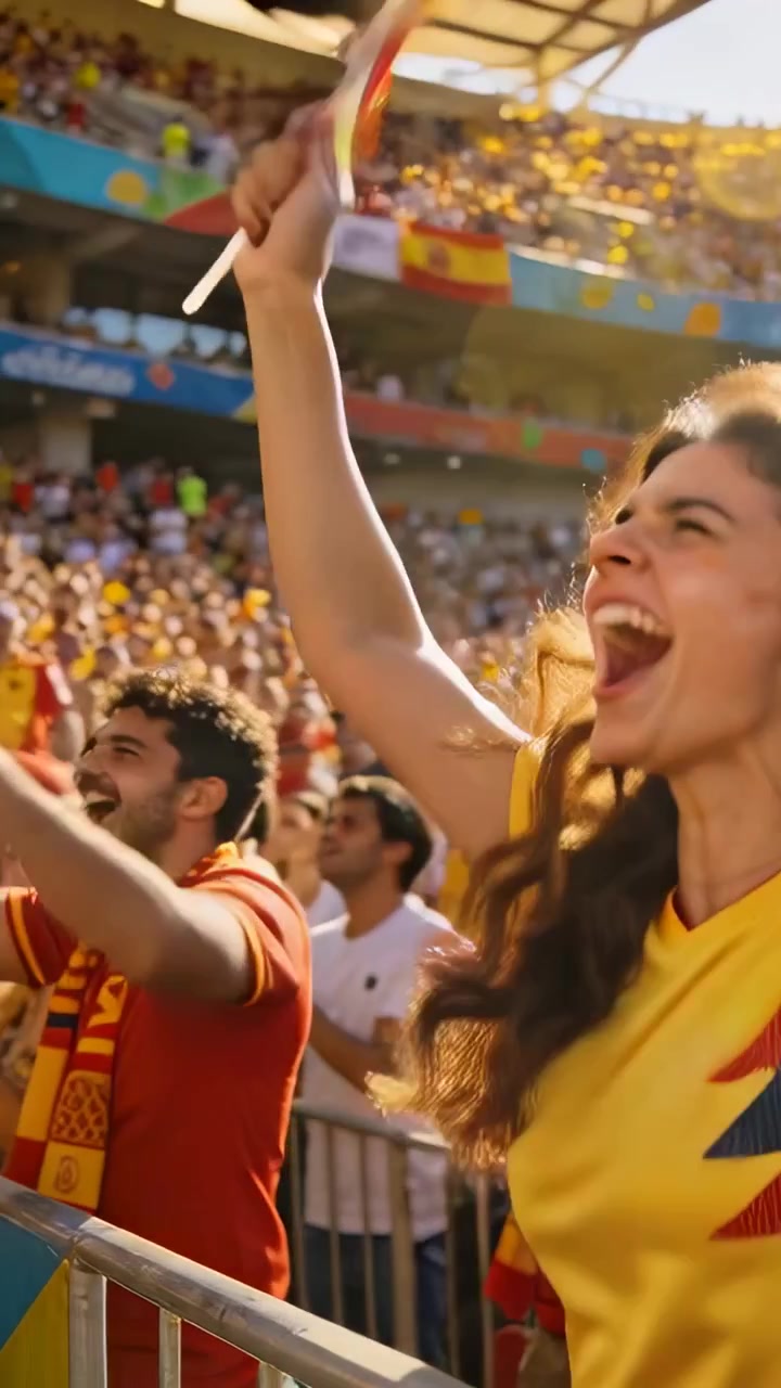 Video vertical: Aficionada animando con camiseta amarilla ondeando una bandera tras un gol en el estadio, con espacio para texto.