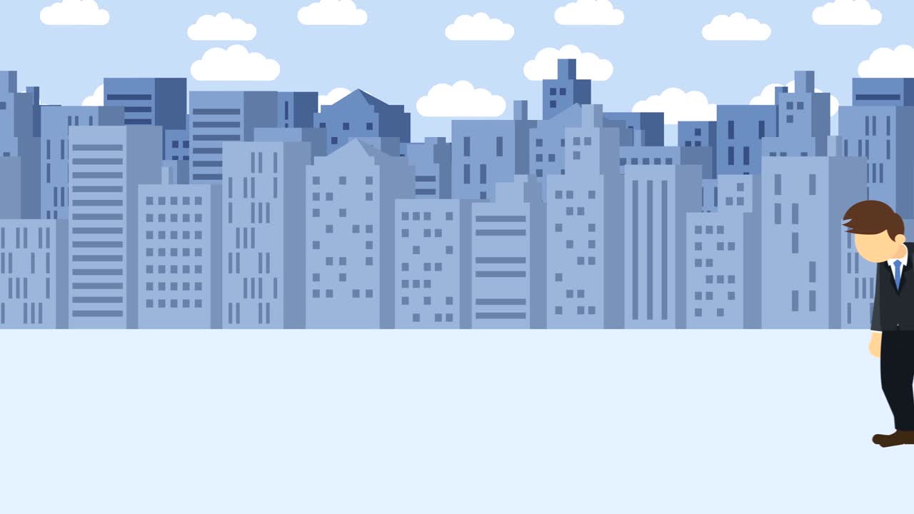 Business man fall into the hole. Background of buildings. Risk concept. Loop illustration in flat style.
