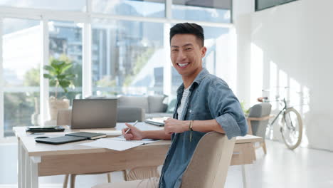 face, happy man and creative writer in office