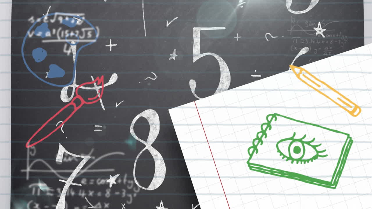 Mathematical symbols and equations floating against school concept icons and squared lined paper