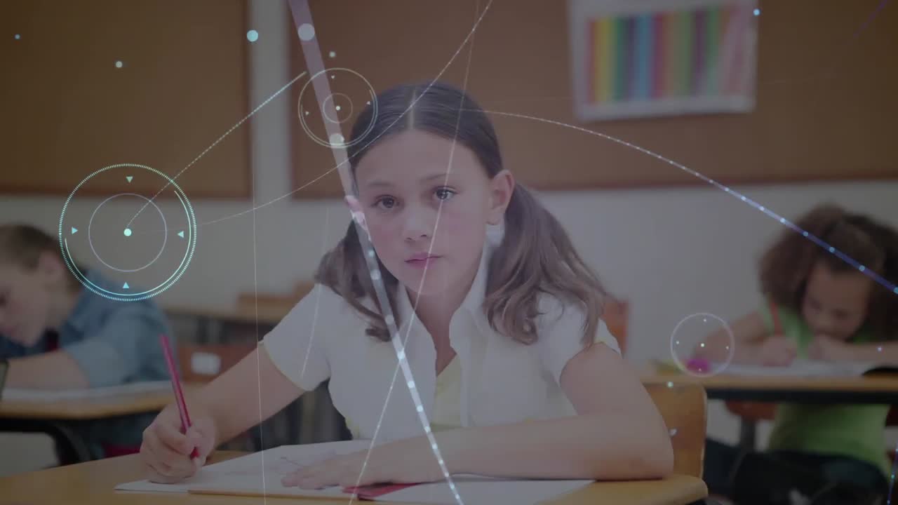 Animation of network of connections over schoolgirl writing