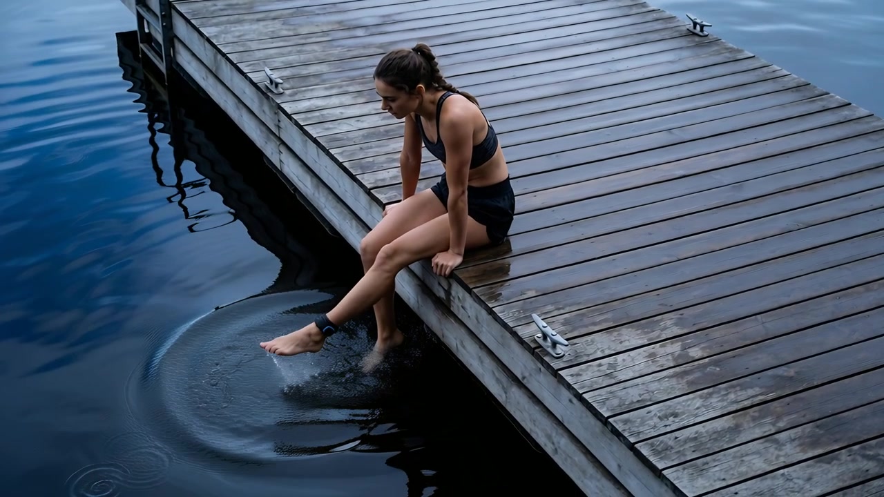 Siddende kvinde i badedragt dypper fødderne og plasker på en søbro, ser på vandet, med et ankelbånd og plads til tekst.