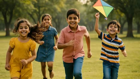a joyful video scene of children running with a kite in a park