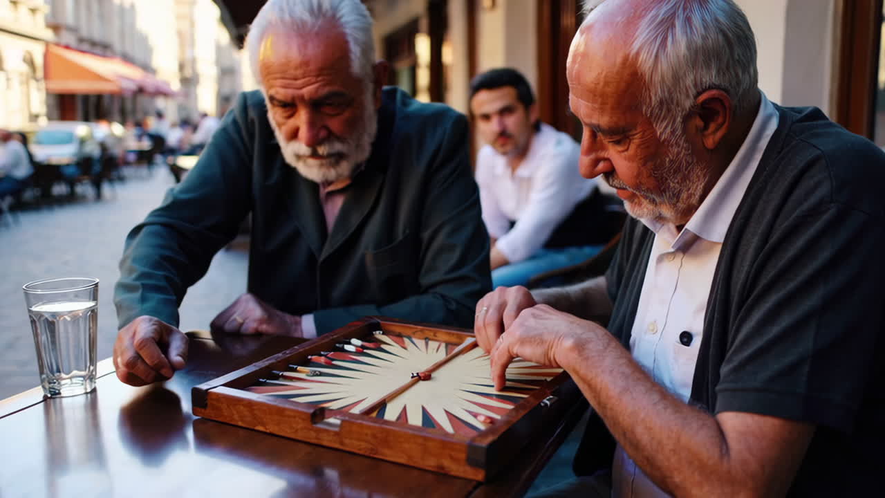Elderly Men Playing a Board Game in an Outdoor Cafe