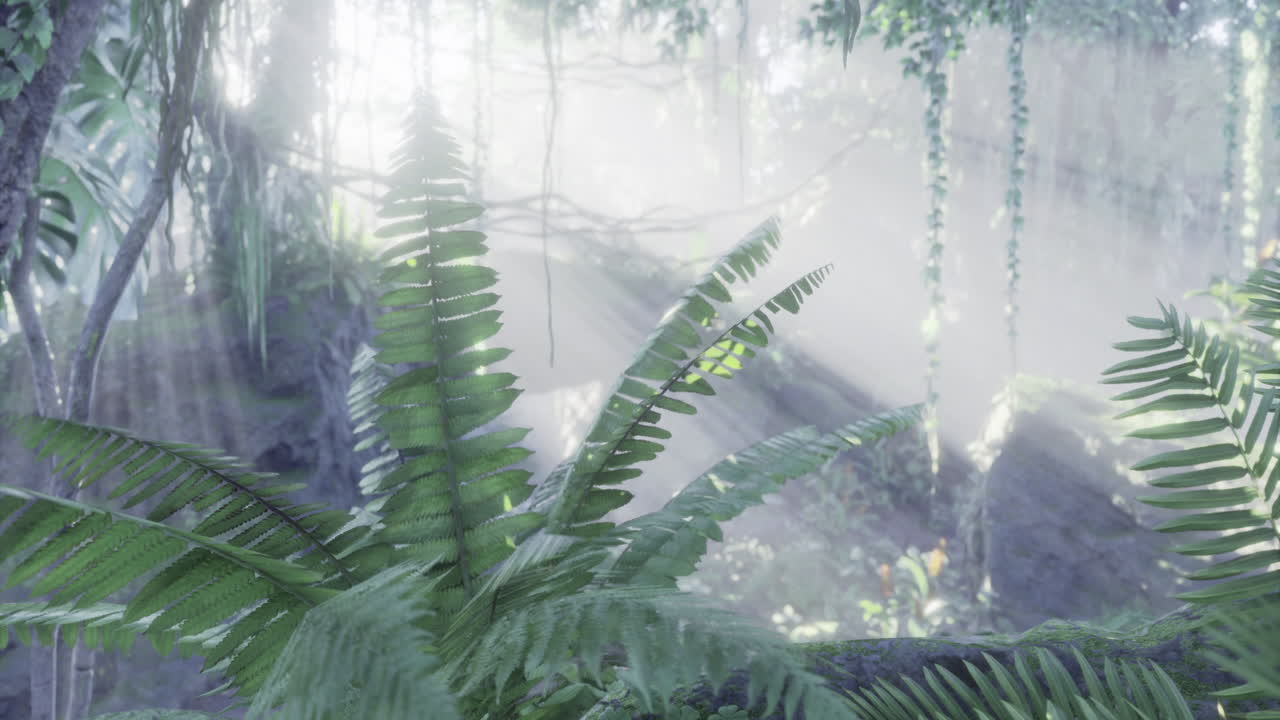 Lush ferns bask in soft sunlight filtering through a mystical jungle canopy