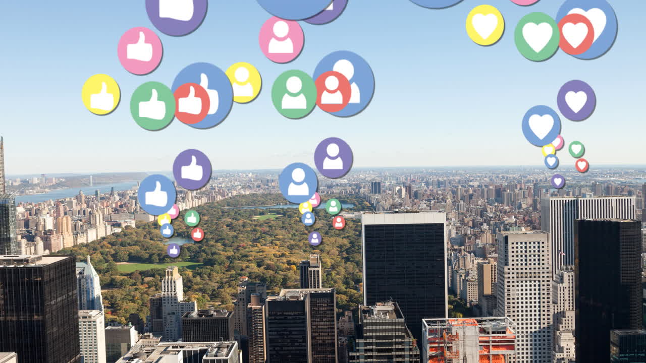 Città con icone di social media volanti 4k