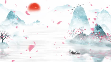 Fantasy-bright-ambience-landscape-of-beautiful-morning-sky,-mountains,-flowers,-lake,-ancient-house-with-simple-animation-in-Japanese-Chinese-anime-watercolour-style