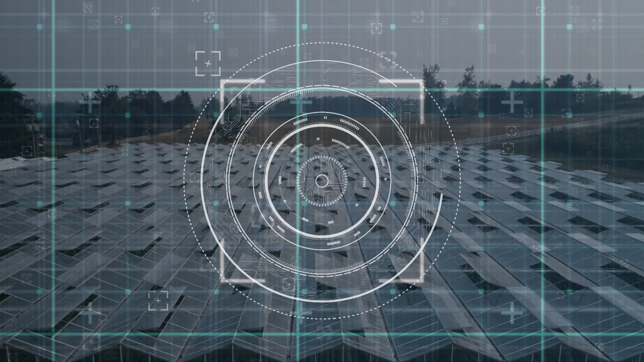 태양광 패널과 풍경에 대한 범위 스캔과 데이터 처리의 애니메이션