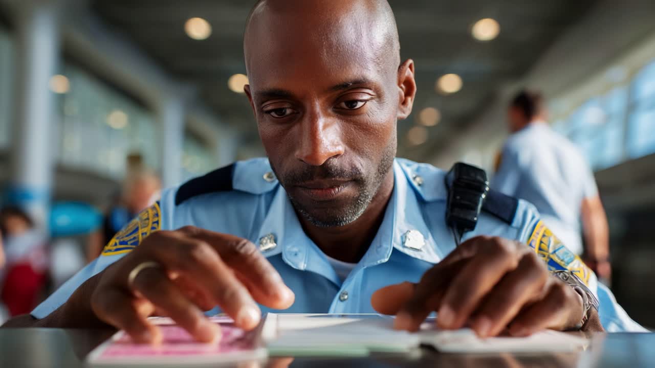 A Focused Officer at Work: Inspecting Documents with Precision and Care in a Busy Airport Setting, Highlighting Commitment to Security and Traveler Safety