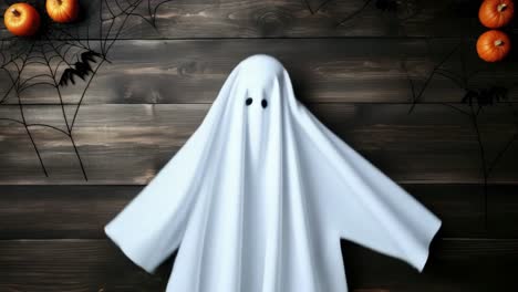 Aerial view of a ghost costume on wooden floor with pumpkins and webs