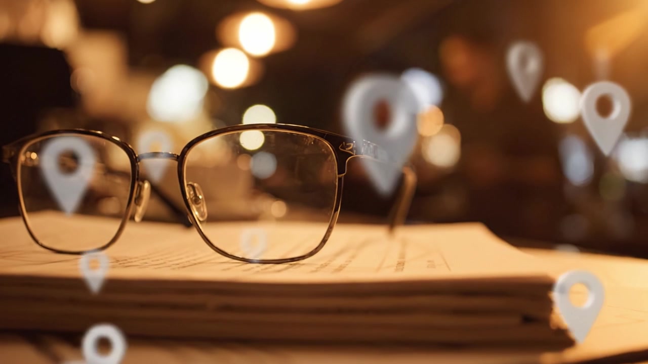 Eyeglasses Resting on a Stack of Papers in a Cozy Atmosphere with Blurred Ambient Lights and Soft Focus Creating a Warm and Inviting Scene