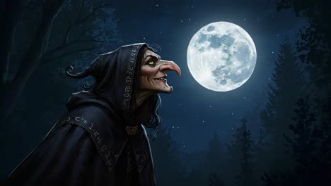 a mysterious witch under the glowing full moon: enigmatic nighttime ambiance and sorcery captured in two dramatic frames, showcasing her sinister smile and dark cloak