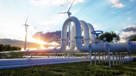 hydrogen pipeline and wind turbines. photovoltaic panels enhance clean energy generation. sunset