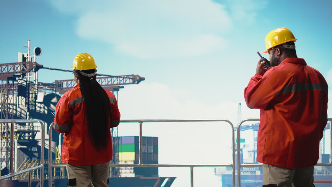 Vertical video Offshore platform engineer reports operation status using walkie talkie