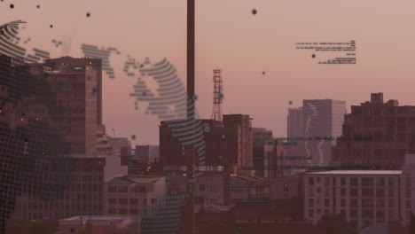 animación del procesamiento de datos financieros sobre el paisaje urbano