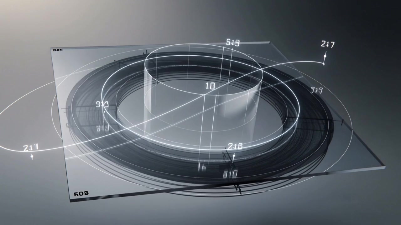 摄像机环绕拍摄时，核心在带有环和导向装置的透明板上开始上升，并显示标签