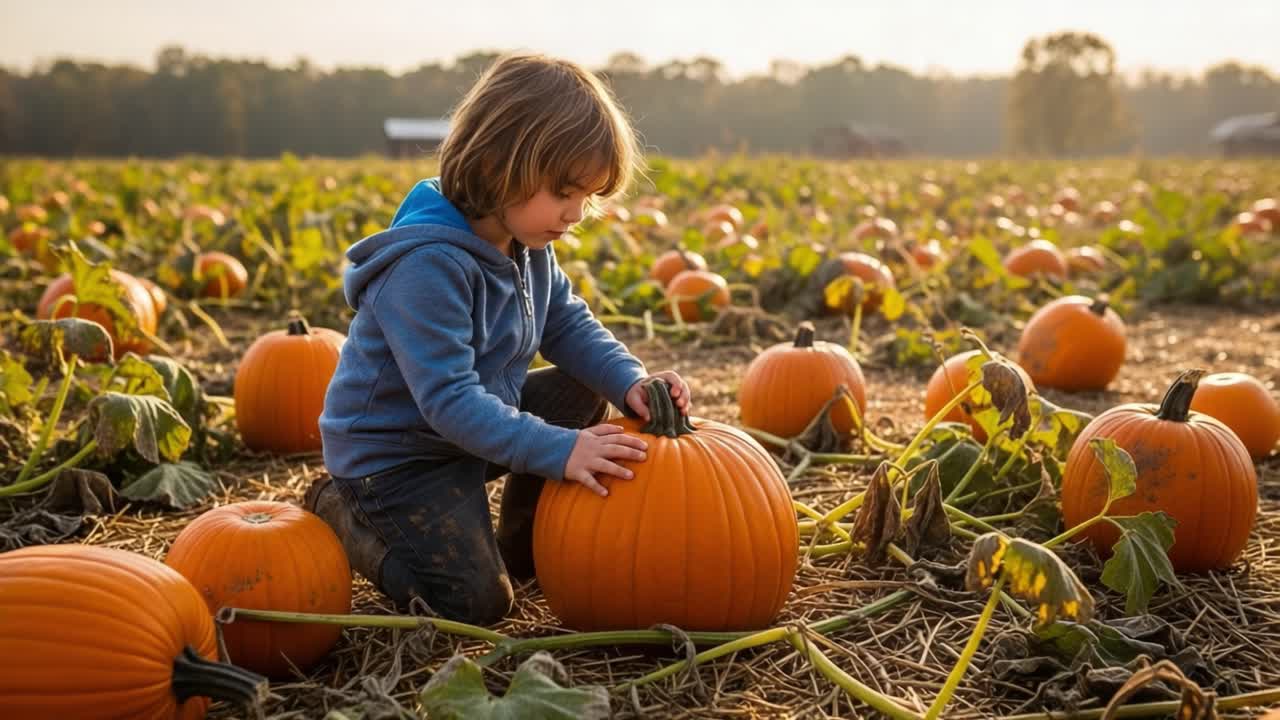 A Young Child Joyfully Engaging with a Pumpkin in a Vast Field, Surrounded by a Sea of Vibrant Orange Pumpkins Under the Soft Glow of the Autumn Sunset