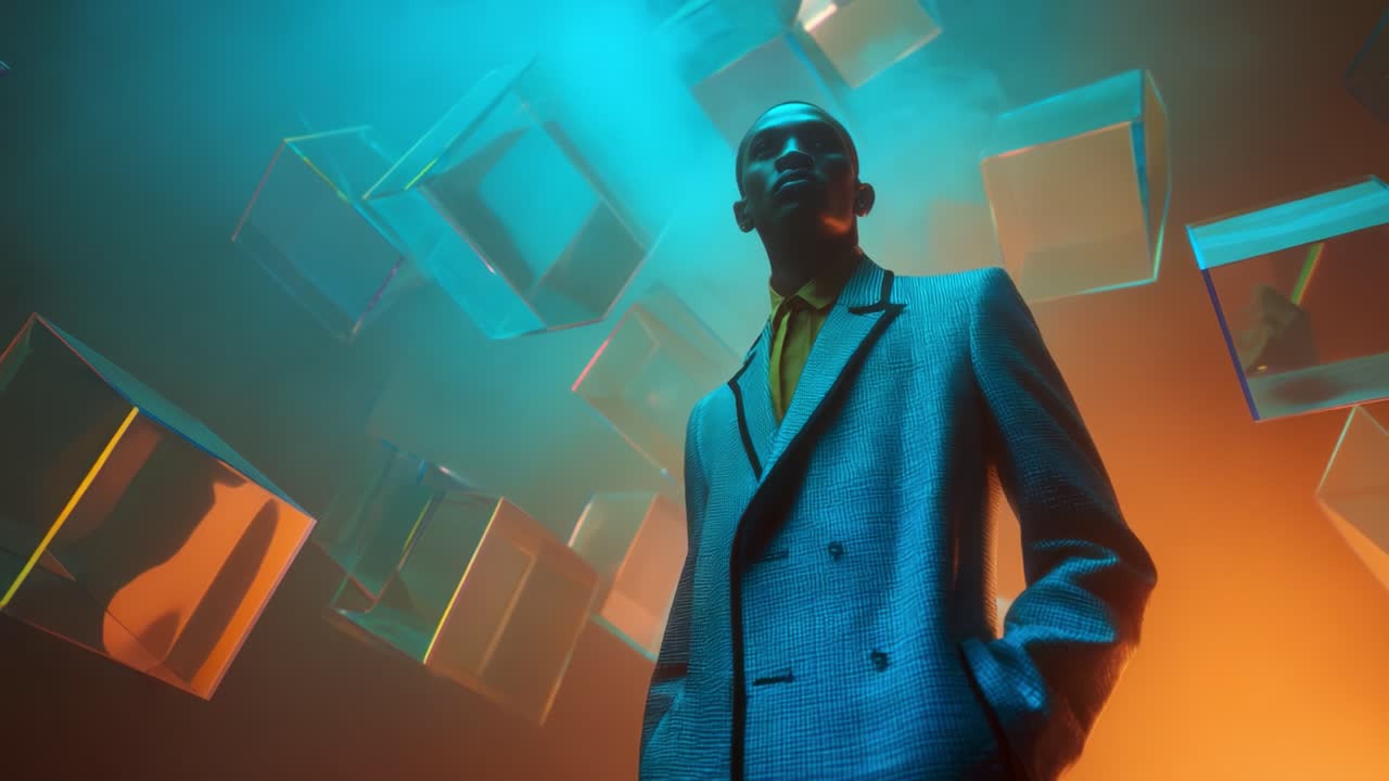 A captivating visual of a stylish man posing confidently against an atmospheric backdrop filled with floating translucent geometric shapes, creating an intriguing blend of fashion and contemporary art