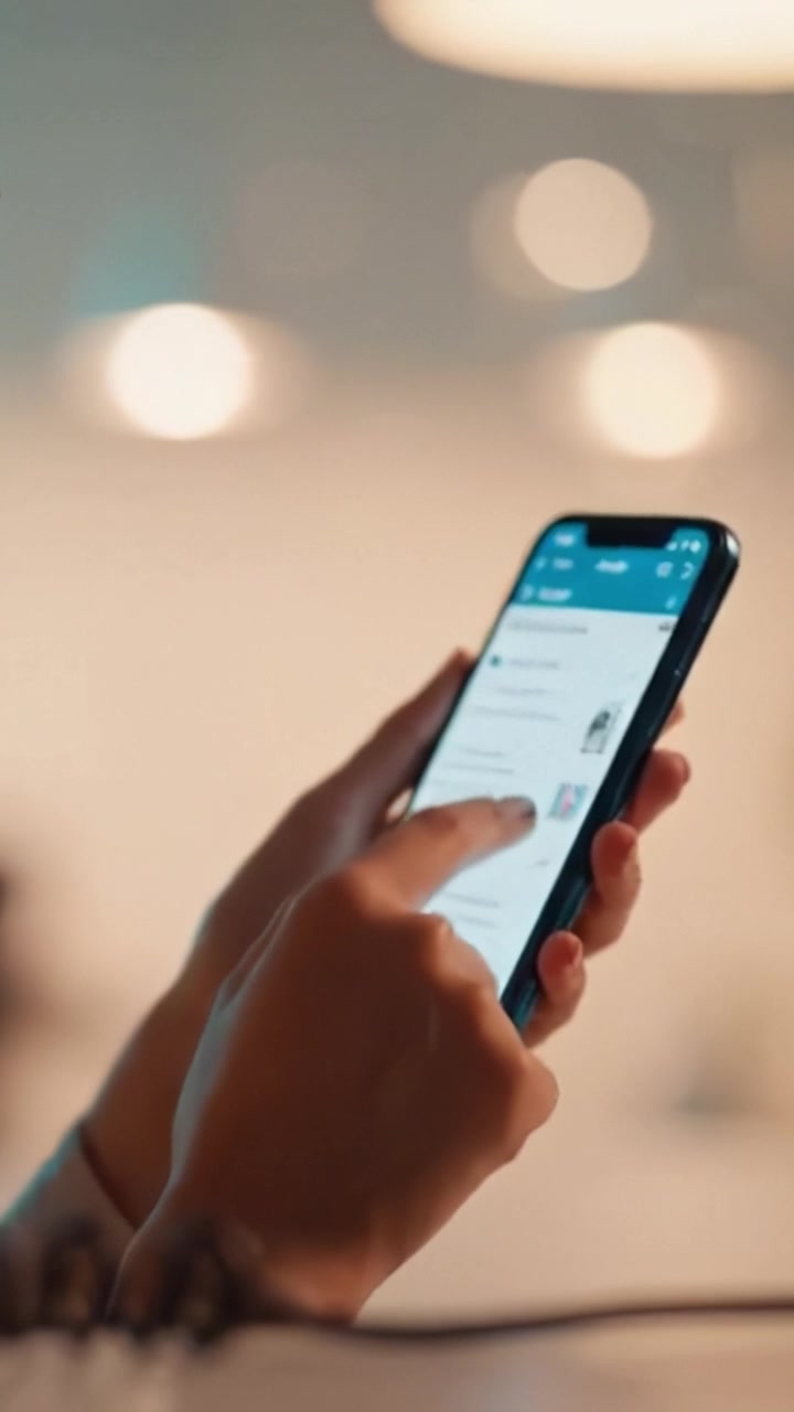 Una Vista Ravvicinata della Mano di una Persona Che Usa uno Smartphone per Interagire con una Piattaforma Digitale, Mostrando Attività di Digitazione e di Social Networking in un Ambiente Moderno