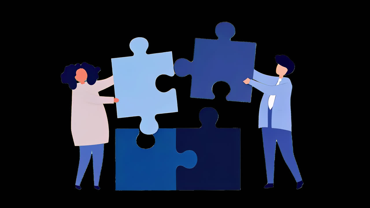 Teamwork assembling puzzle pieces animation isolated asset, transparent 4K video, alpha channel