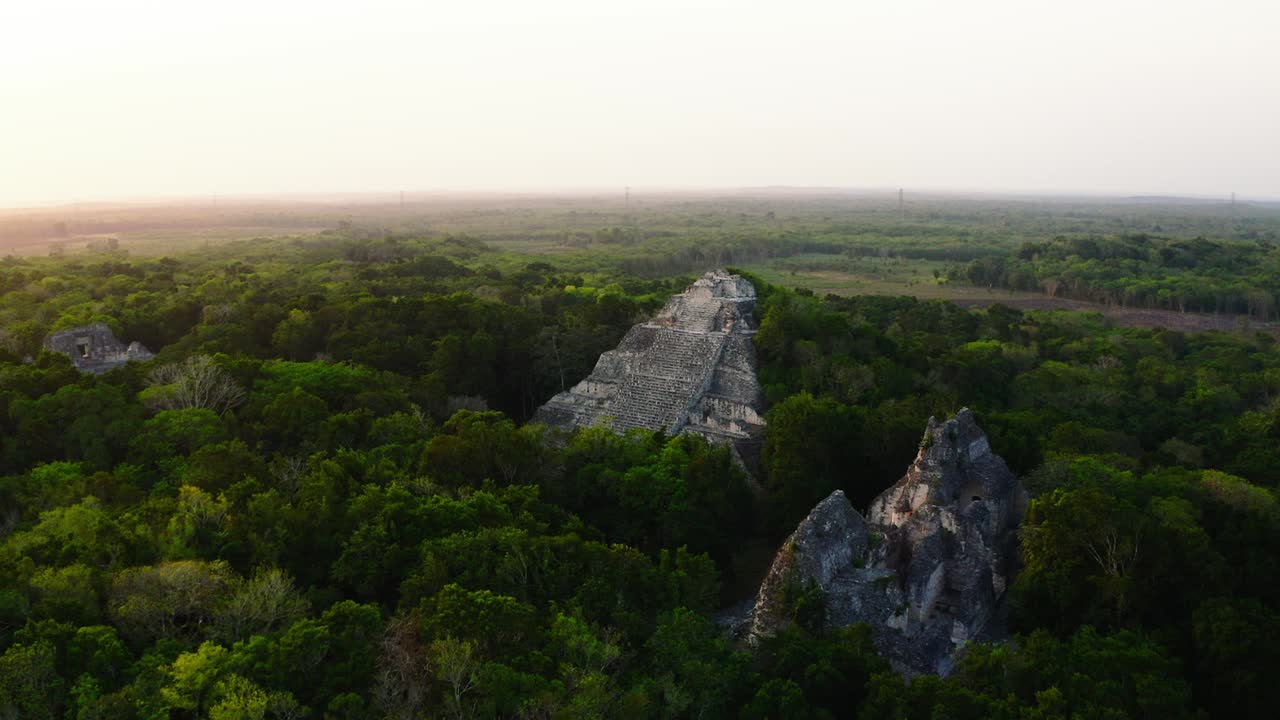 Aerial shot of Becan archeological site in Campeche, Mexico