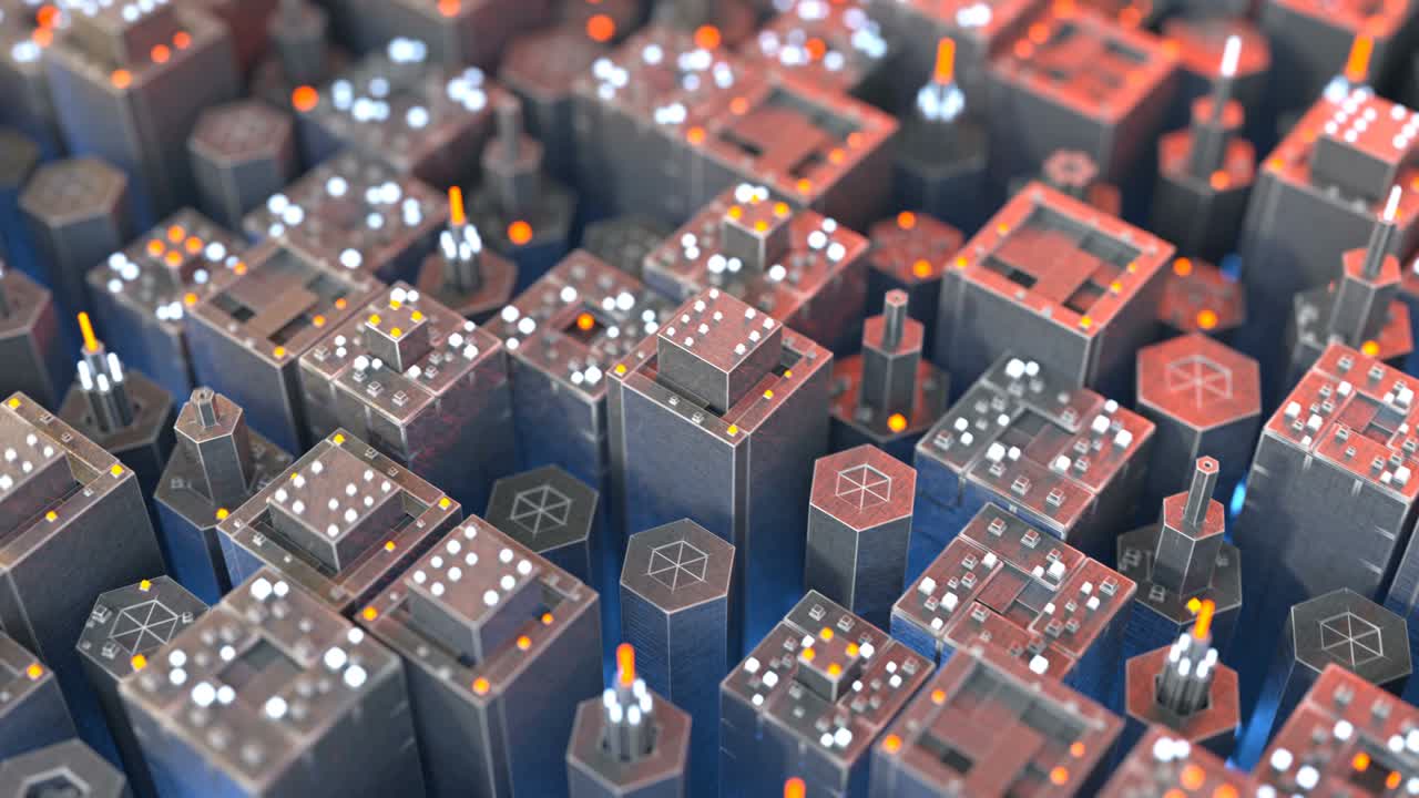 산업 마이크로월드 (industrial microworld) 위를 날아다니는 3d 렌더링 애니메이션