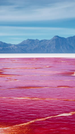 stunning pink lake landscape with mountains in the background