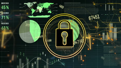 animación del candado y el procesamiento de datos financieros sobre fondo azul