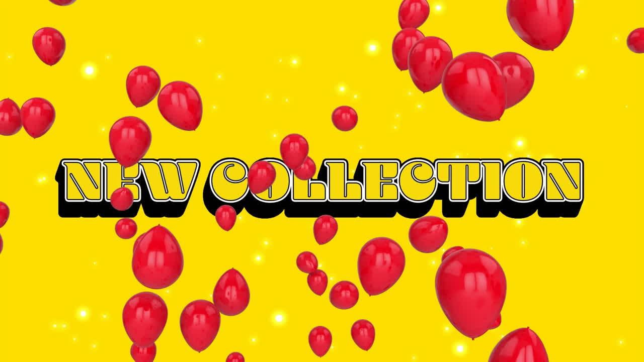 animación de globos rosados flotando sobre el nuevo banner de texto de la colección contra un fondo amarillo