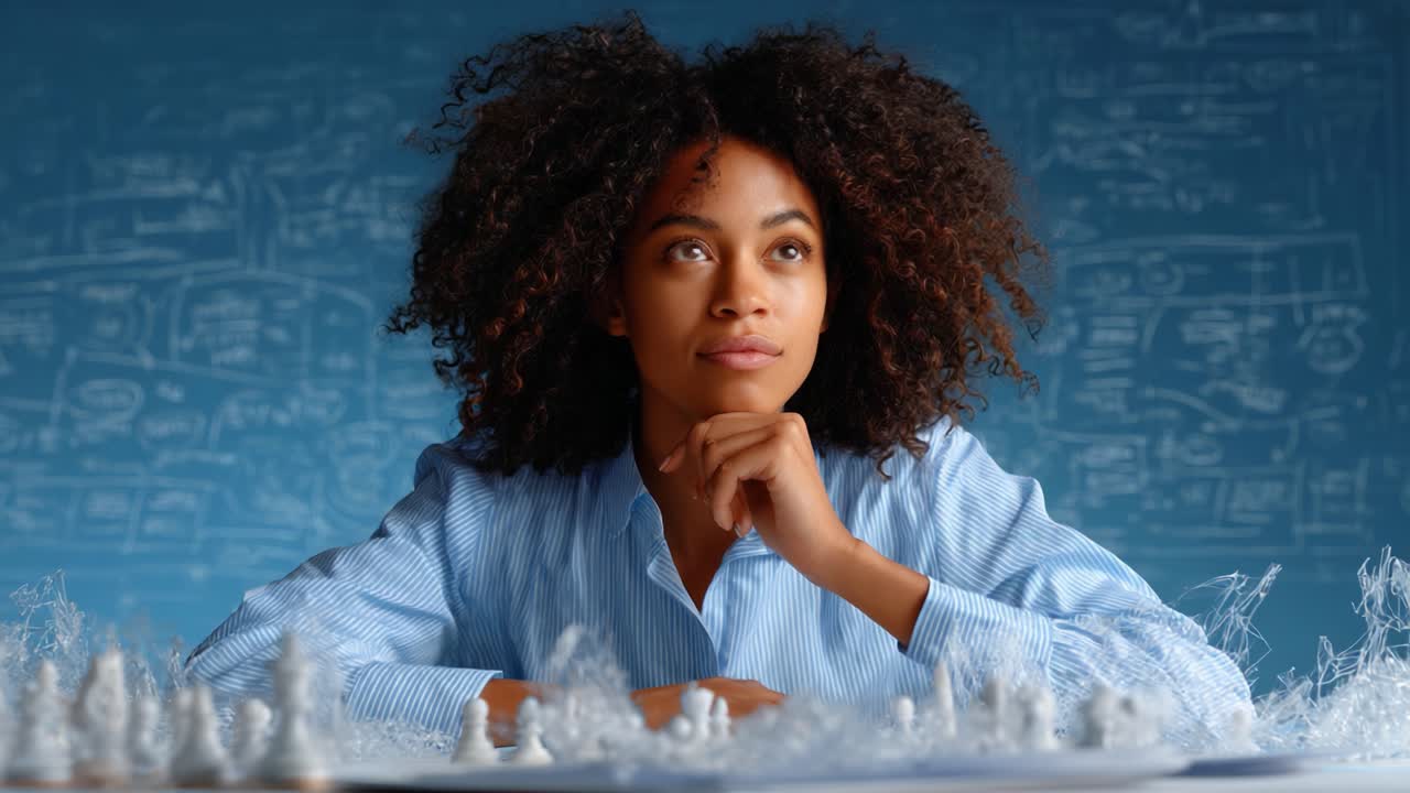 Contemplating Strategy: A Thoughtful Young Woman Engaged in Deep Reflection While Playing Chess Against a Backdrop of Mathematical Symbols