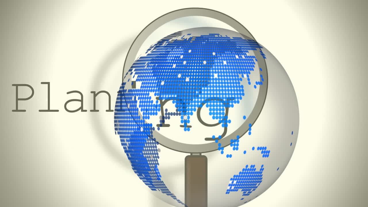 увеличительное стекло, раскрывающее планируемую текстовую анимацию над цифровым глобусом с голубыми континентами