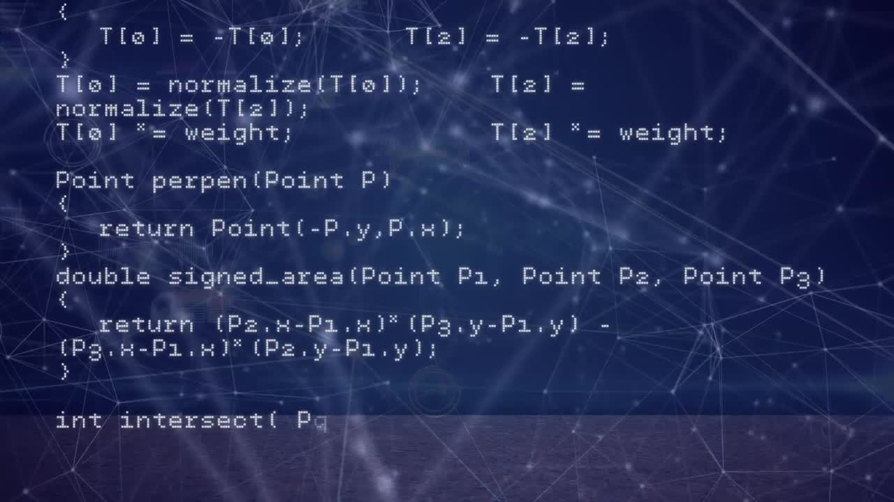 Animation of networks of connections and data processing over black background