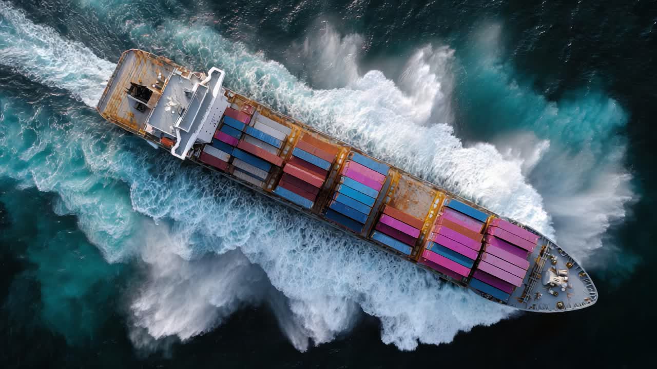 Aerial View of a Large Cargo Ship Navigating Through Turbulent Waters, Surrounded by Foamy Waves and Vibrantly Colored Containers