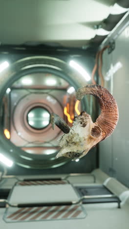 a ram skull floats in a dark, futuristic corridor.