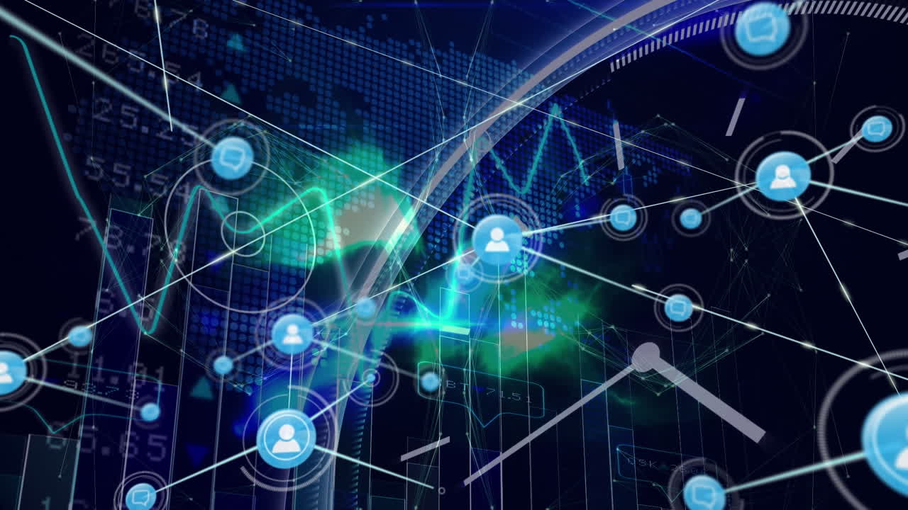 파란색 배경에 프로필 아이콘 네트워크와 연결 네트워크의 지구의 애니메이션