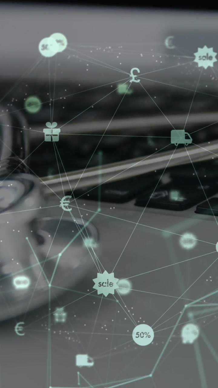 Animazione di una rete di connessioni con icone su stetoscopio e laptop