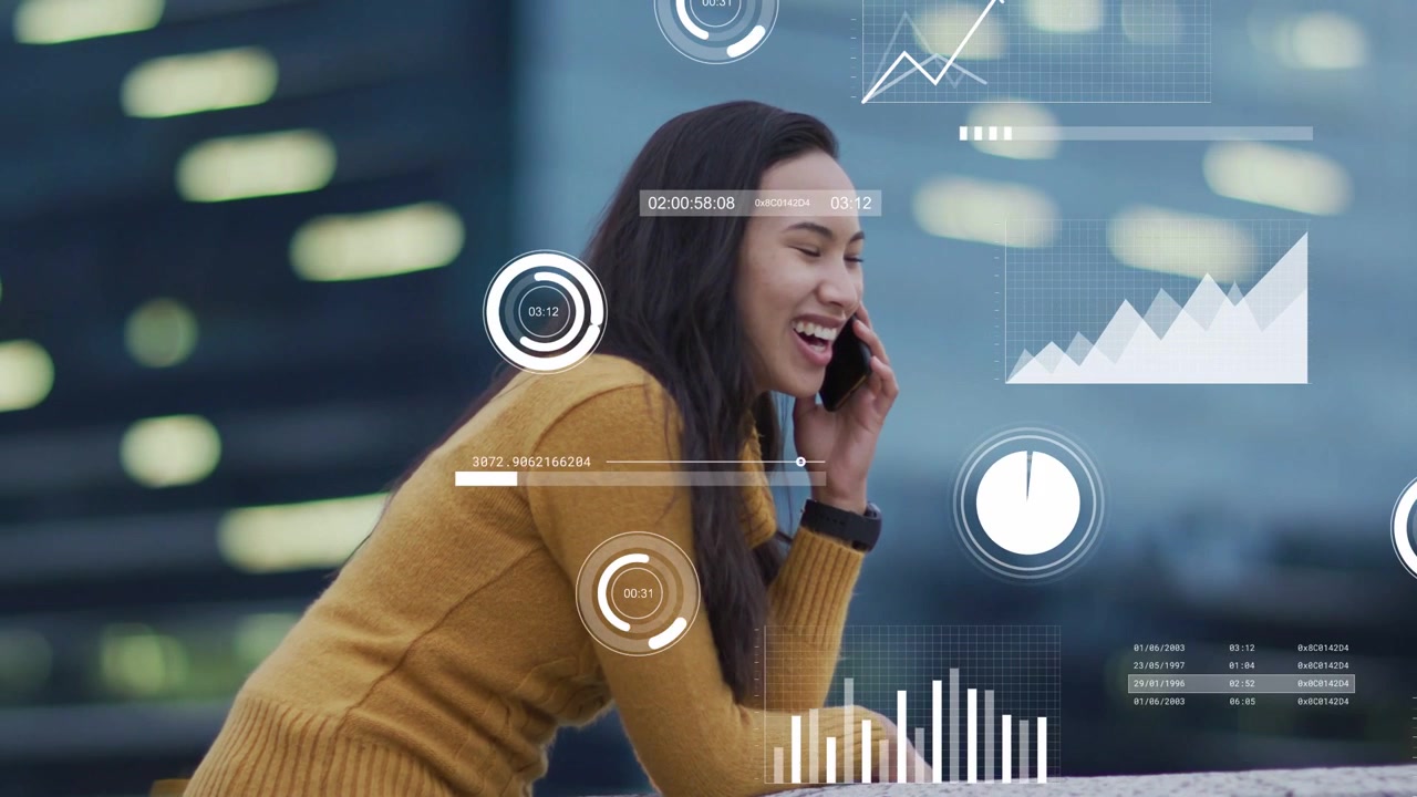 Woman leaning on railing, taking phone call while reviewing data with tech HUD charts overlaying