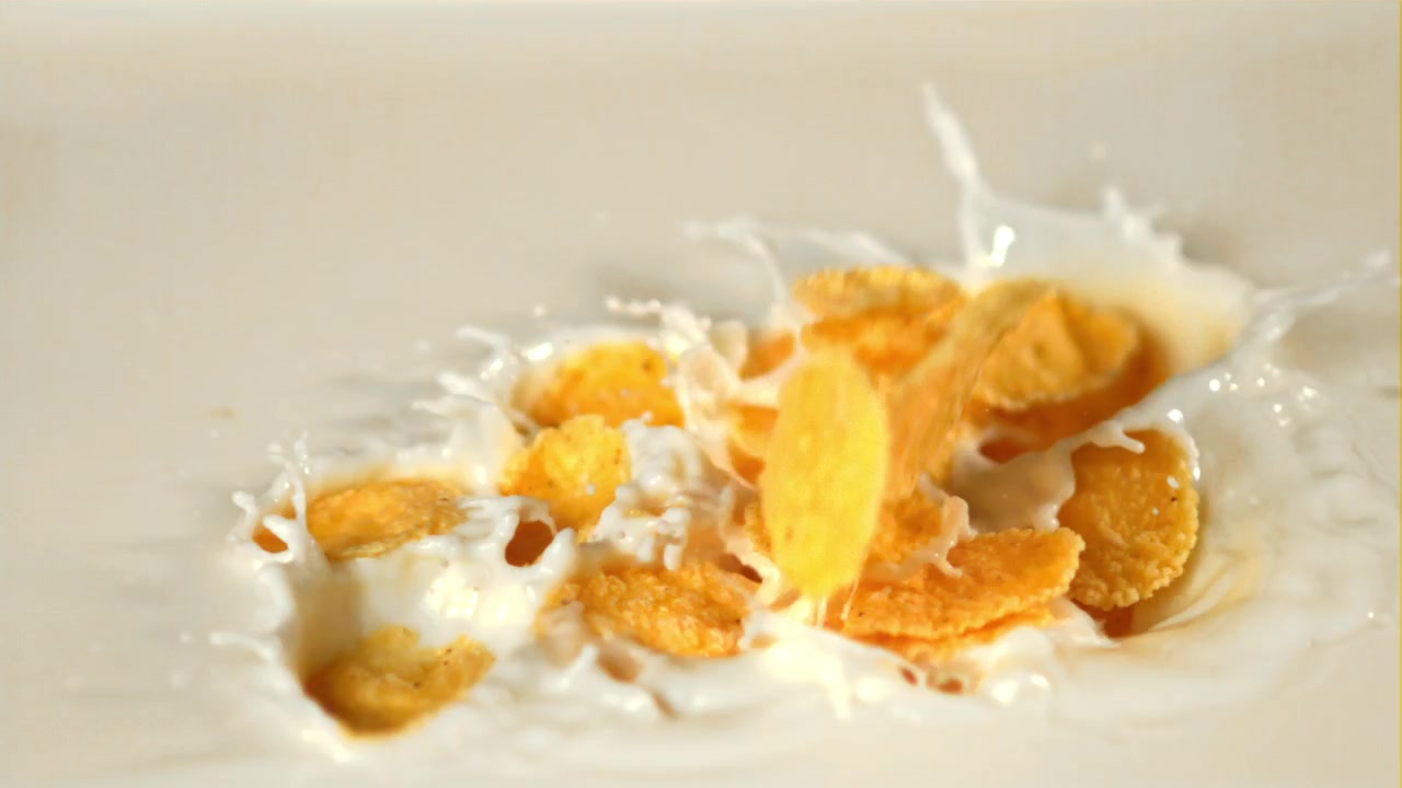 Gyldne cornflakes plasker ned i frisk mælk i slowmotion