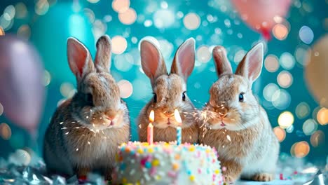 three rabbits sitting next to a birthday cake with candles