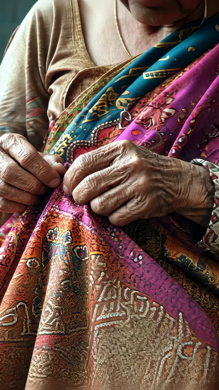 Vertical video: Noticing pleat, senior South Asian woman adjusting, pinning sari at home with clasp