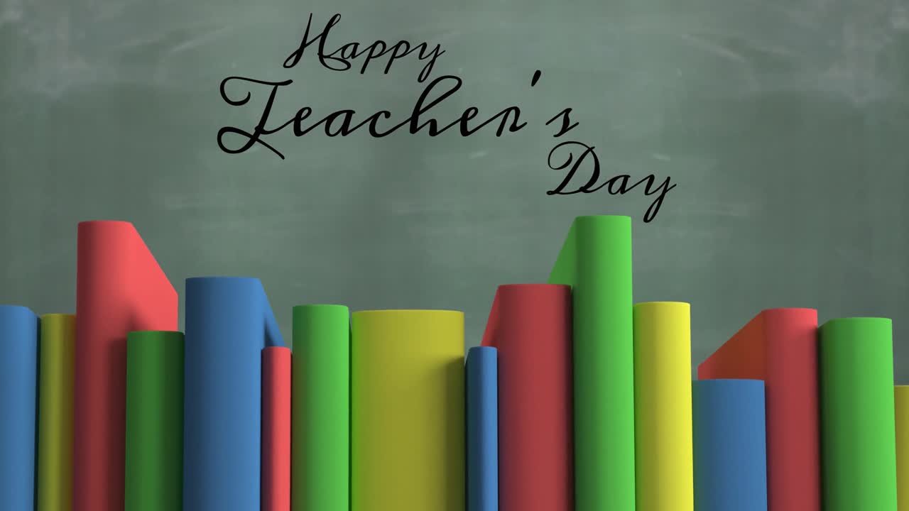 Animação de texto de feliz dia dos professores sobre livros e lousa