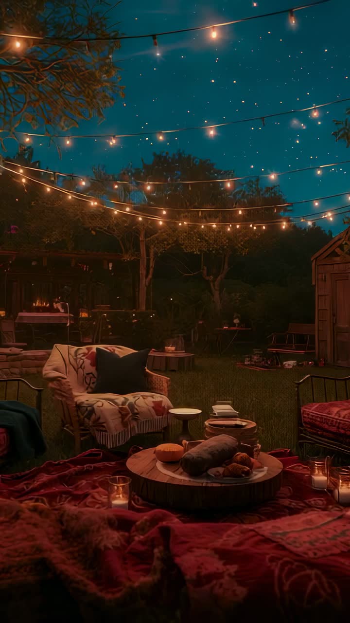 Vertical video: Presenting armchairs and table under flickering string lights and candles in backy