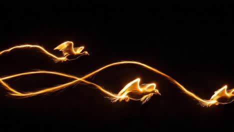 Captivating Display of Flame-Infused Birds in Motion: A Mesmerizing Sequence of Fire-Fueled Avian Creatures Spiraling Through the Darkness