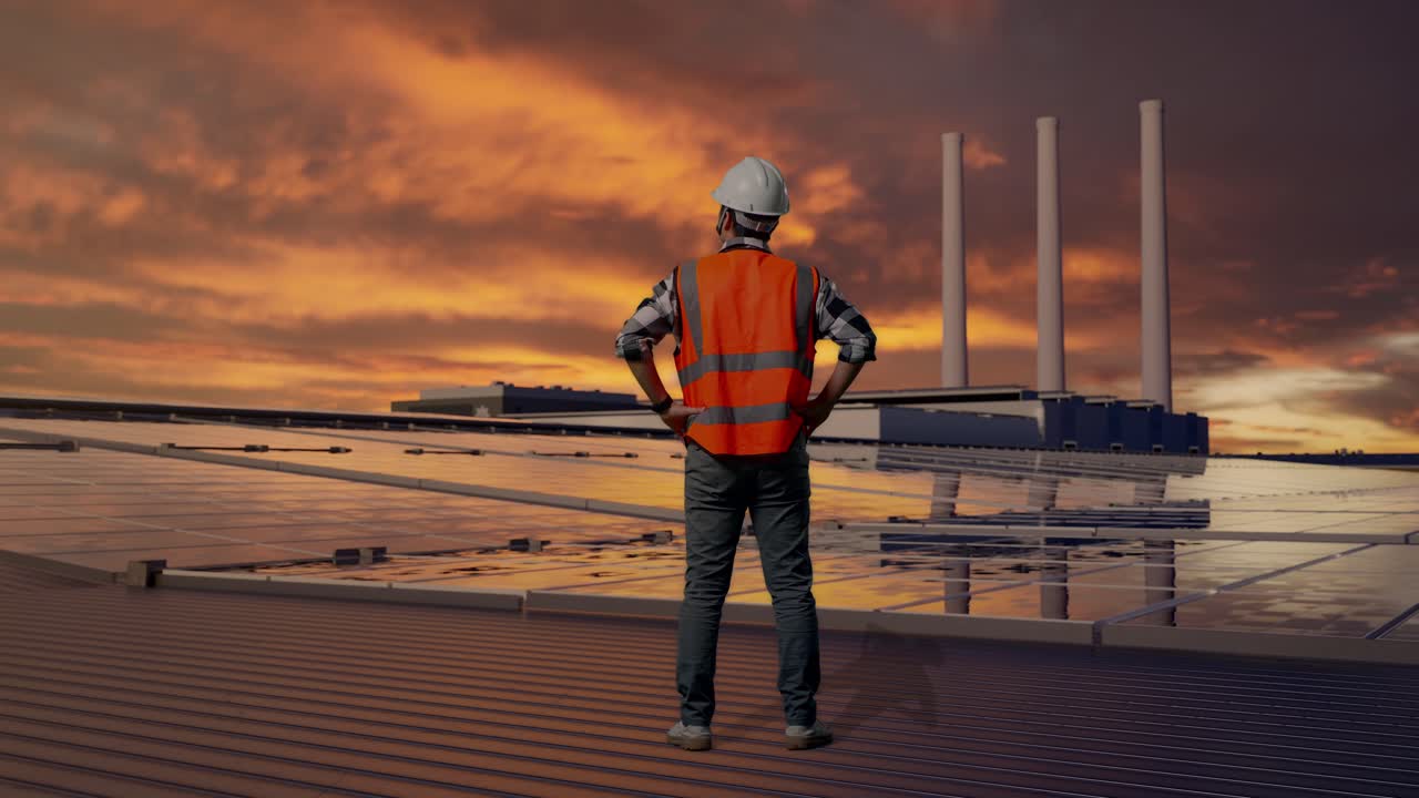 Full Body Back View Of A Male Engineer Wearing Safety Helmet Looking Around While Standing With Arms Akimbo, Inspecting Solar Panels on Rooftop at Sunset