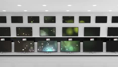 Animation-of-rows-of-television-sets-in-store-with-glowing-screens-with-copy-space