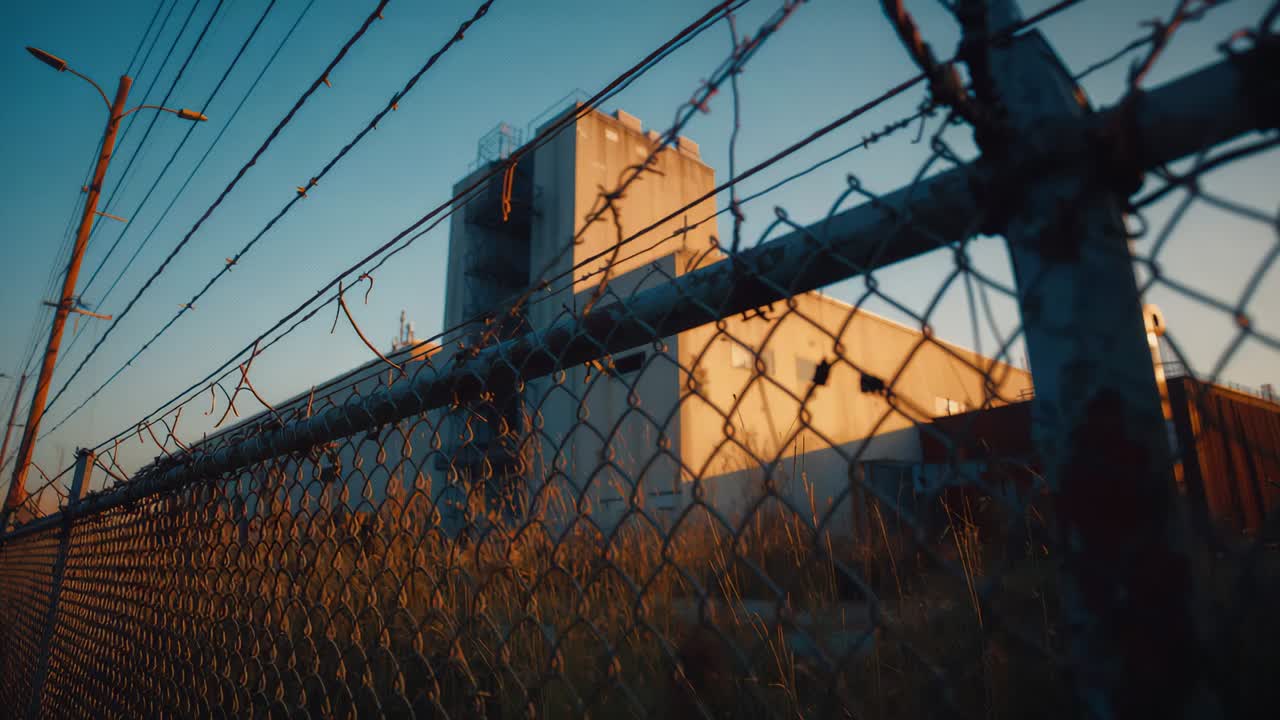 Opening shot showing barbed wire topped fence, camera pushing forward revealing silo at facility