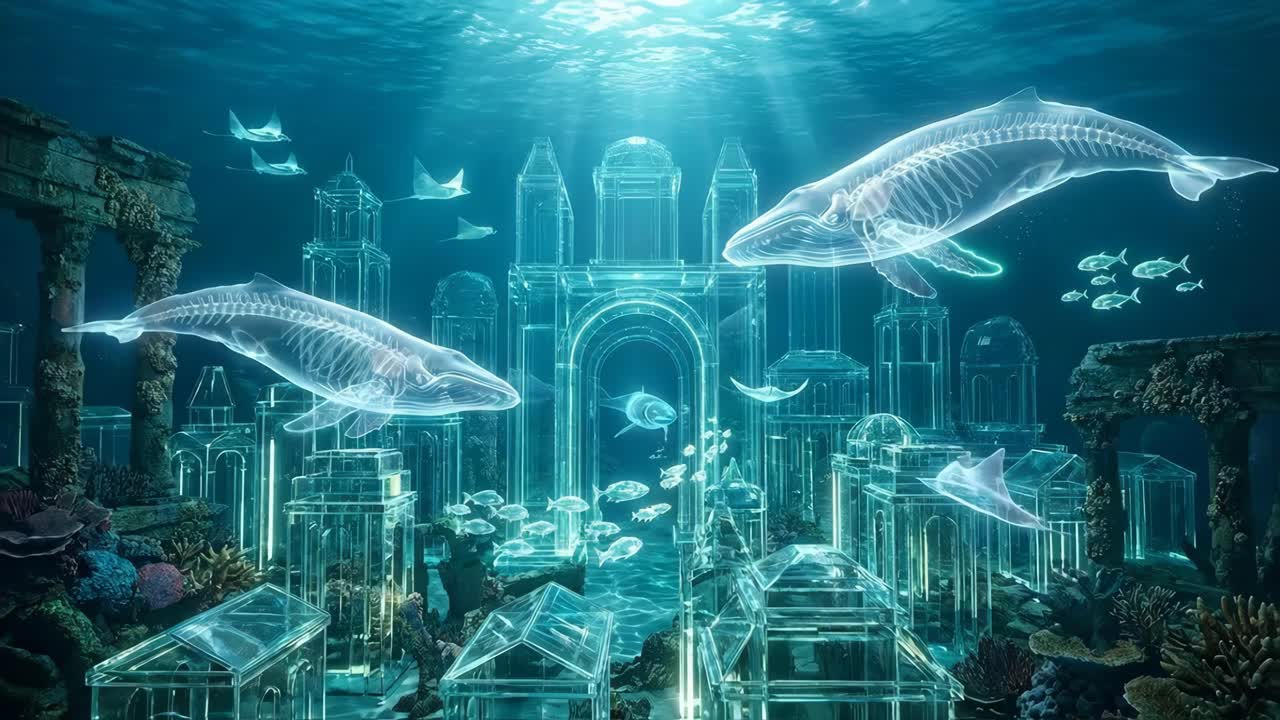 Unterwasserstadt mit transparenten Walen