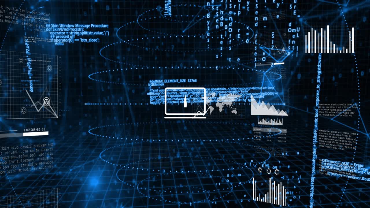 Concentric rings forming, cloud-laptop and dashboard glyphs assembling, rotating, showing analytics