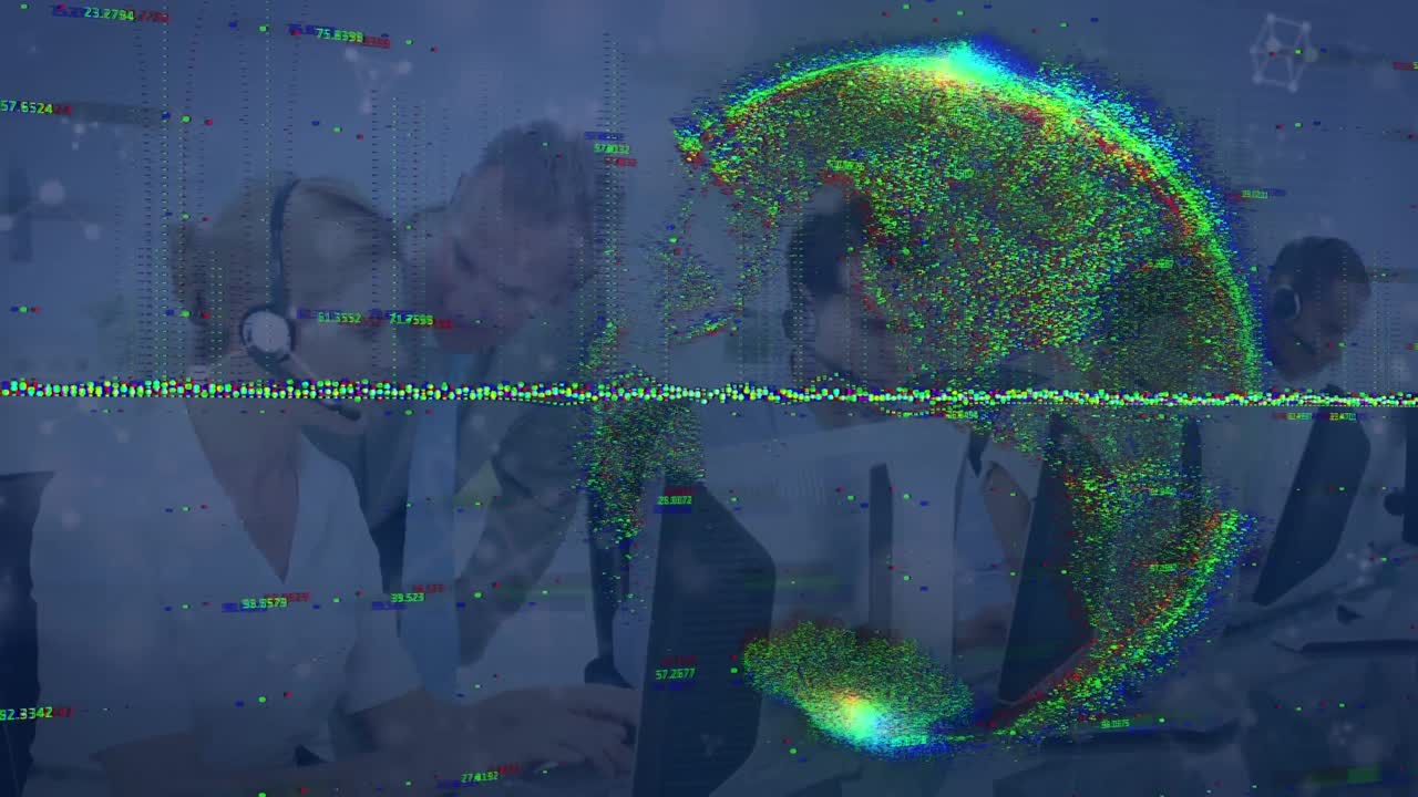 Animation of data processing and globe over diverse business people in office