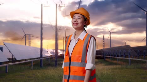 side view of asian female engineer with safety helmet looking around with solar panel and wind turbines